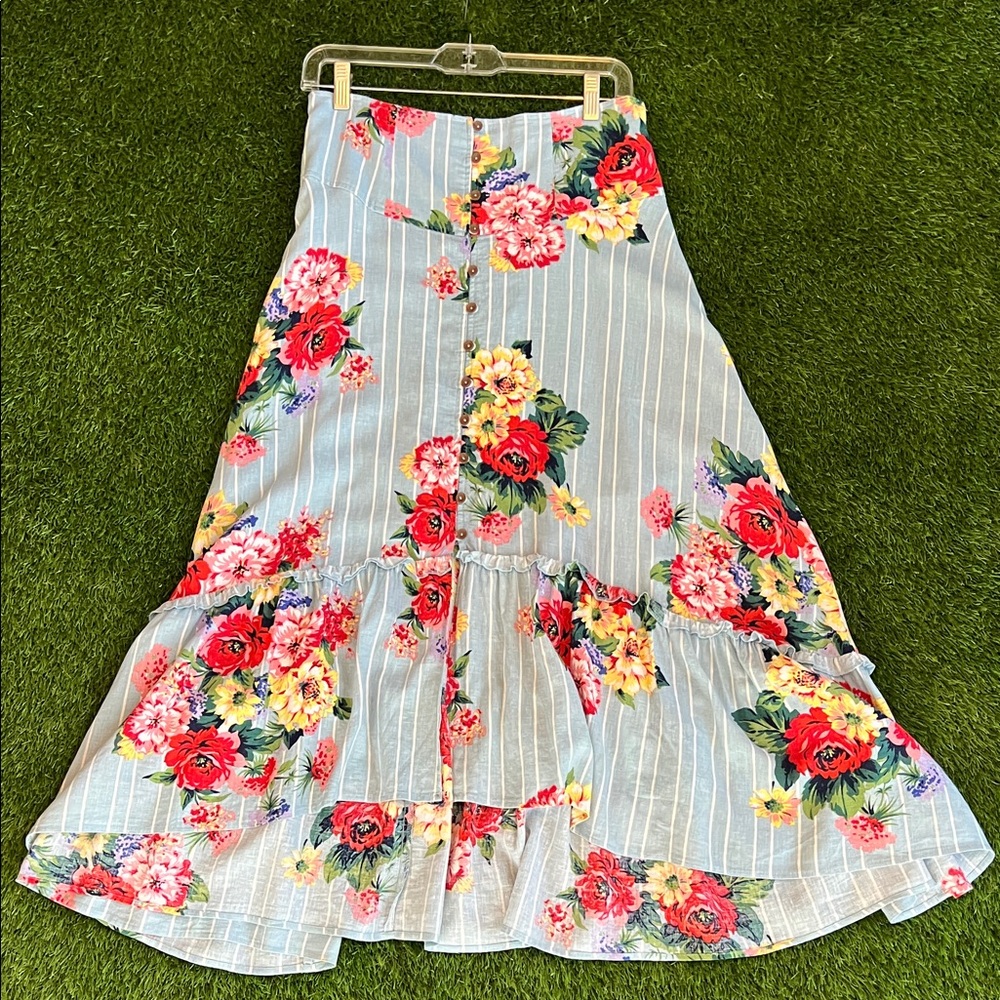 Anthropologie Maeve Hi Low Light Blue Floral Skirt with Buttons, Small Ruffles